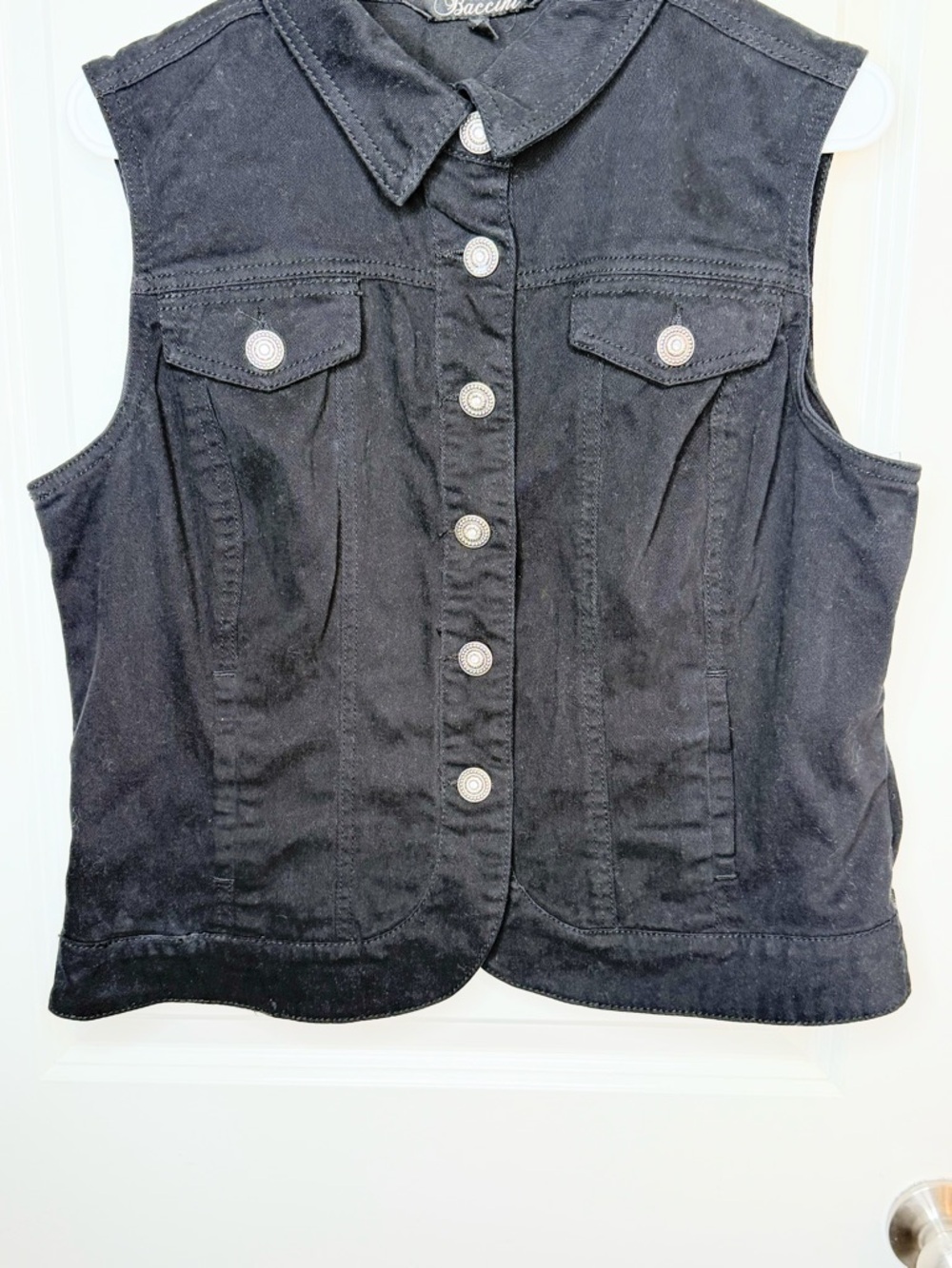 Baccini Black Denim Vest Womens Button Front Stretch Jean Jacket Size L - Picture 3 of 7